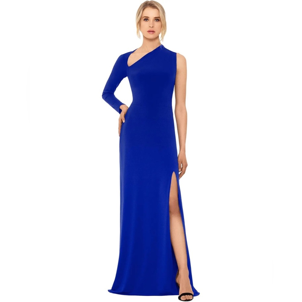 Betsy & Adam Long Jersey Asymmetrical Sleeve Gown in Electric Blue Size 14 Flaw